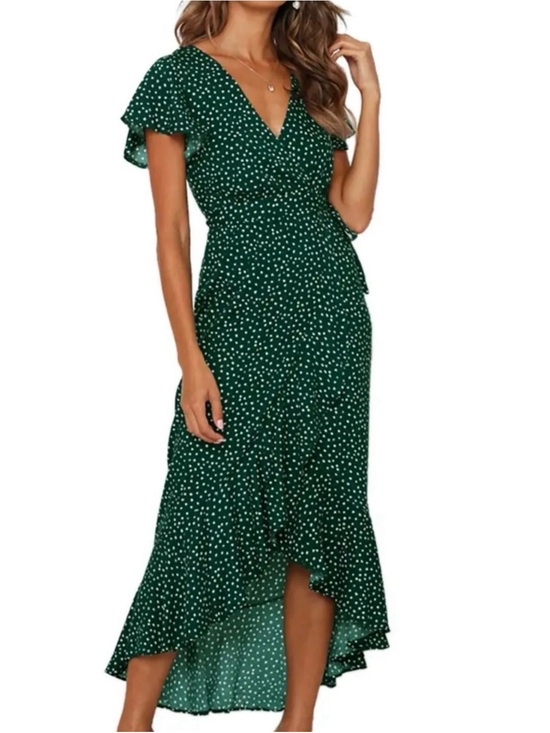 Zesica Dresses & Skirts - Green Polka Dot High-Low Wrap Dress